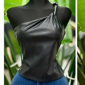 Chic Black Faux Leather One-Shoulder Blouse